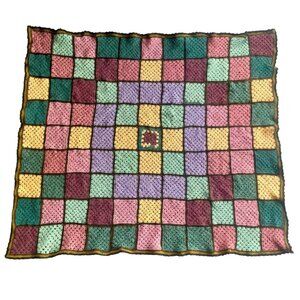 Vintage Granny Square Afghan squares blanket throw Mustard Pink Green Black Purp